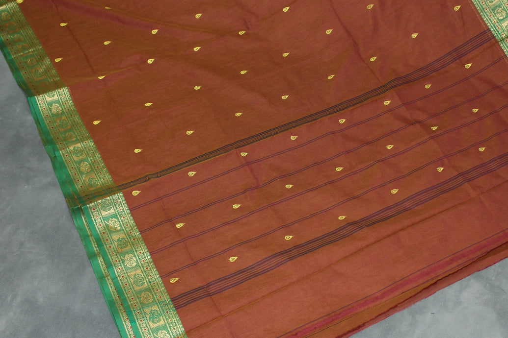 Chocolate Brown Poly Cotton Saree with Green Thread Border and Gold Butta Saree JCS Fashions