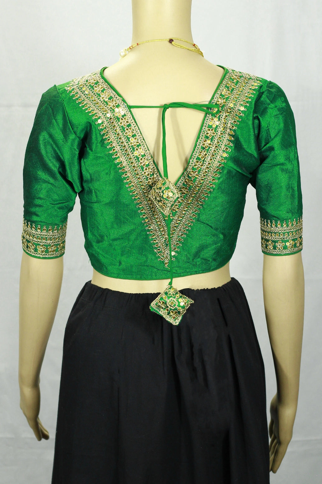 Green Readymade Designer Padded Blouse with V-Neck Gold Zari & Sequin Work, Elbow Sleeves, Back Knot