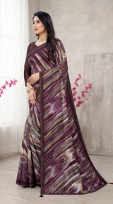 Purple Georgette Saree with Jasmin Zomato Print, Full Siroiski Work, Striped Pattern and Floral Border