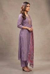 Lavender Roman Silk 3-Piece Kurta Set with Elastic Pant and Organza Digital Dupatta, Zari-Sequence Neck Design