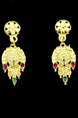 Traditional Gold-Tone Pearl Necklace Set with Floral Pendant & Dangler Earrings