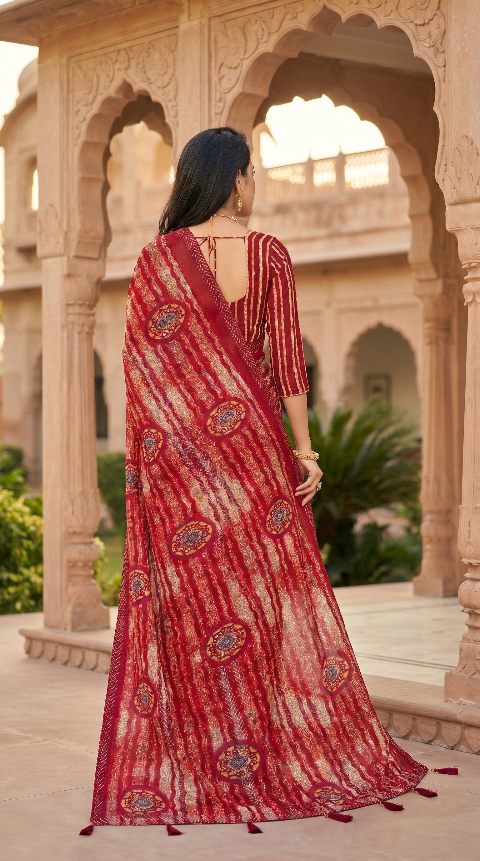Maroon Georgette Saree with Printed Sirohki Work, Striped Pattern & Contrast Border for Traditional Wear