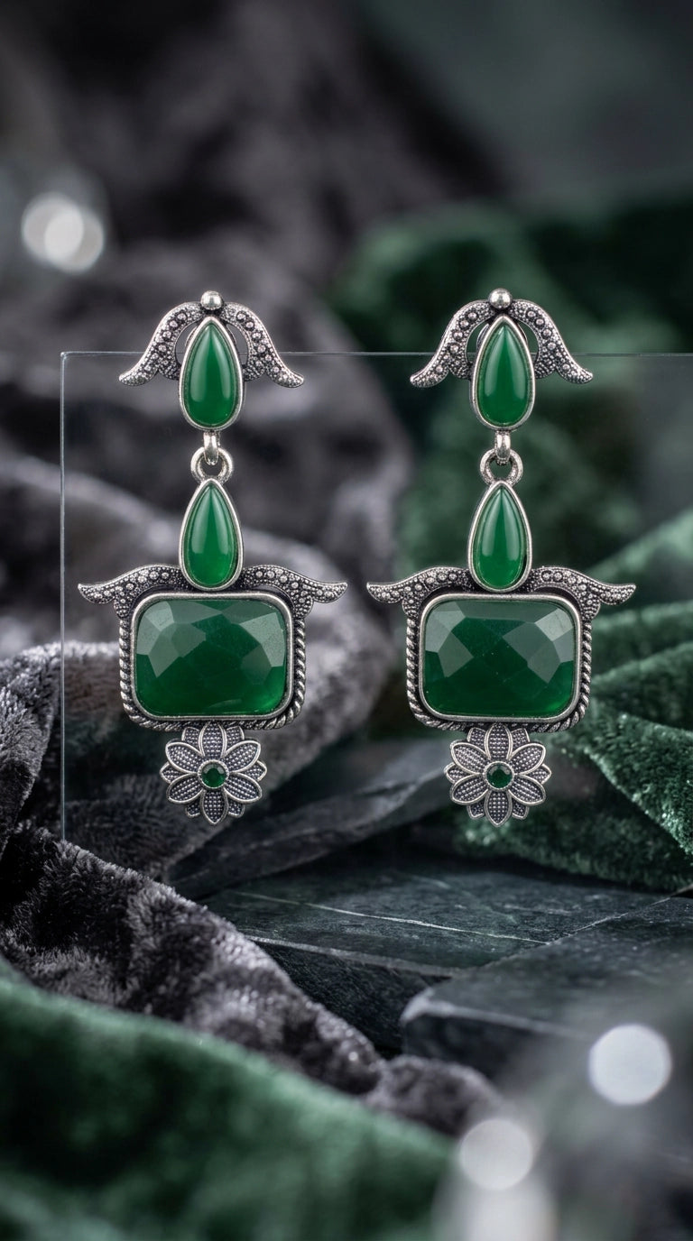 Green Oxidised Silver Teardrop & Rectangle Drop Earrings with Stone Finish for Traditional Ethnic Wear