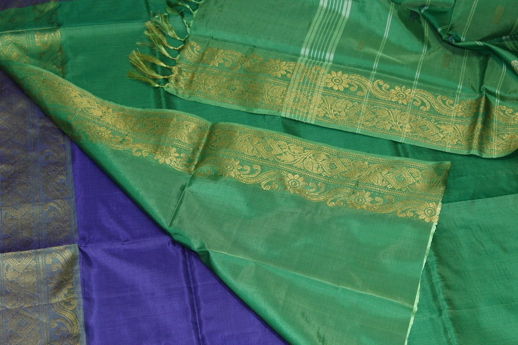 Banana Pith (Vaazhai Naar) Saree with Traditional Zari Butta Border – Violet & Green