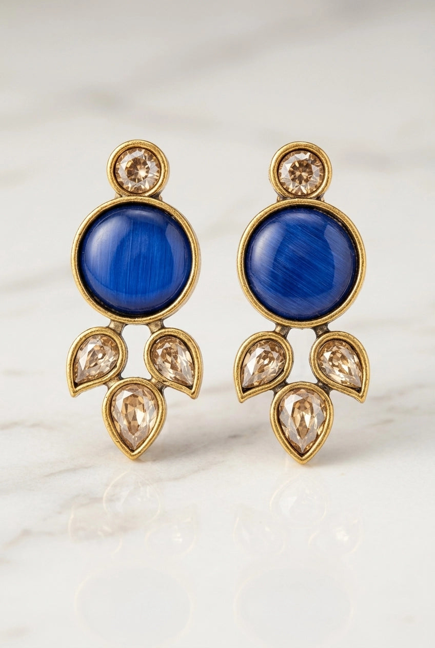 Blue Stone Teardrop Drop Stud Earrings, Gold-Tone Round Center with Crystal Accents for Women