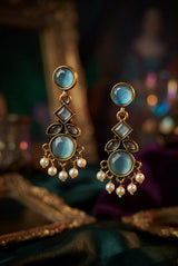 Mint Green Stone & Pearl Drop Gold-Tone Statement Earrings for Women, Oval and Square Design