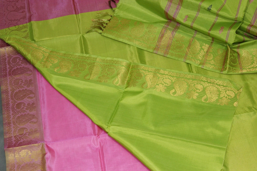 Pink & Light Green Vaazhai Naar (Banana Pith) Saree with Zari Border and Blouse Piece