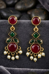 Green & Red Stone Pearl Drop Gold-Tone Statement Earrings for Women, Traditional Festive Wear
