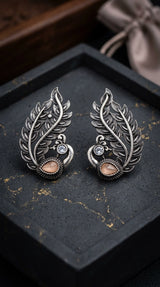 Oxidized Silver Leaf Teardrop Amber Stone Stud Earrings with Ear-Cuff Inspired Shape for Women