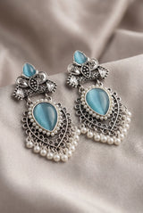 Sea Blue Teardrop Oxidized Silver-Tone Jhumka Earrings with Pearl Drops for Festive Wear