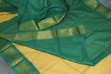 Mustard Sungudi Cotton Saree with Green Peacock Zari Double Border - Checked Weave Saree JCS Fashions