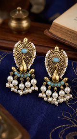 Sea Blue Oval Stone Antique Gold-Tone Jhumka Earrings with Pearl Drops, Traditional Ethnic Party Wear