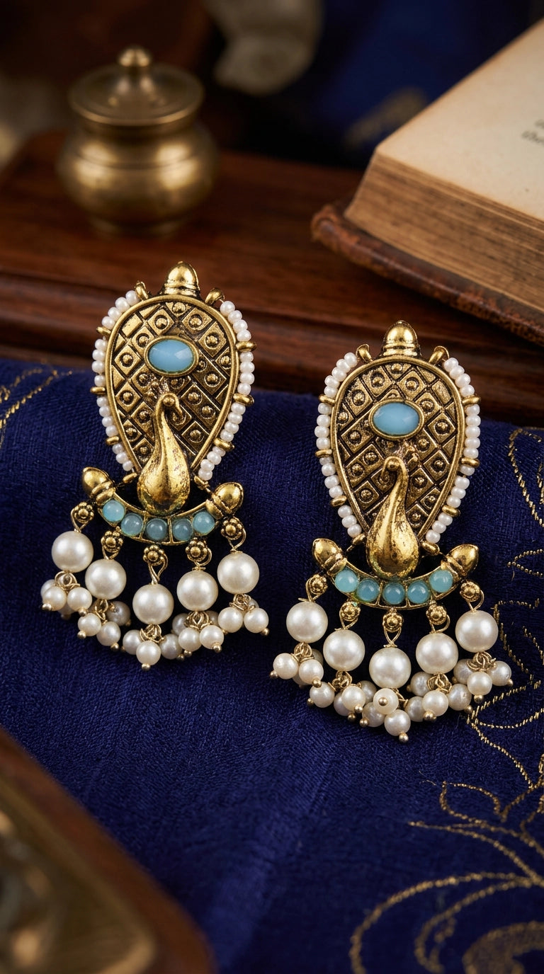 Sea Blue Oval Stone Antique Gold-Tone Jhumka Earrings with Pearl Drops, Traditional Ethnic Party Wear