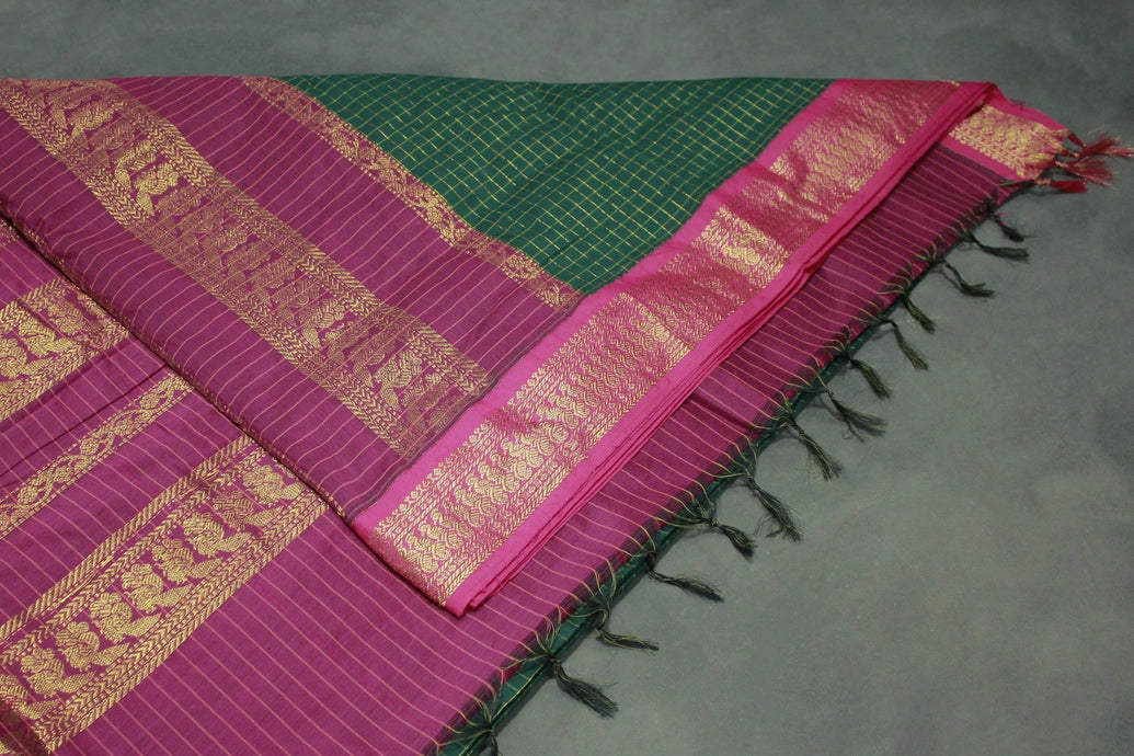 Dark Green Kalyani Cotton Saree with Zari Checked and Peacock Border and Blouse