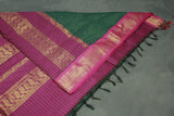 Dark Green Kalyani Cotton Saree with Zari Checked and Peacock Border and Blouse