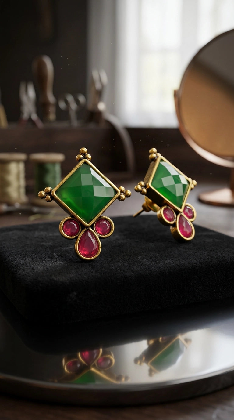 Green & Red Stone Square Stud Earrings in Gold-Tone Frame with Teardrop Accents for Ethnic Wear