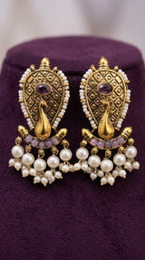 Lavender Oval Stone Traditional Pearl Drop Earrings, Antique Gold-Finish Statement Design