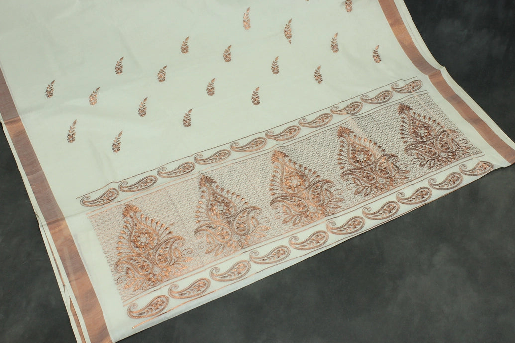 Pure Kerala Cotton Saree with Copper Zari Peacock & Leaf Embroidery, White Body with Traditional Border