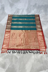 Teal Blue Pure Silk Saree with Heavy Pallu Border and Contrast Blouse Piece