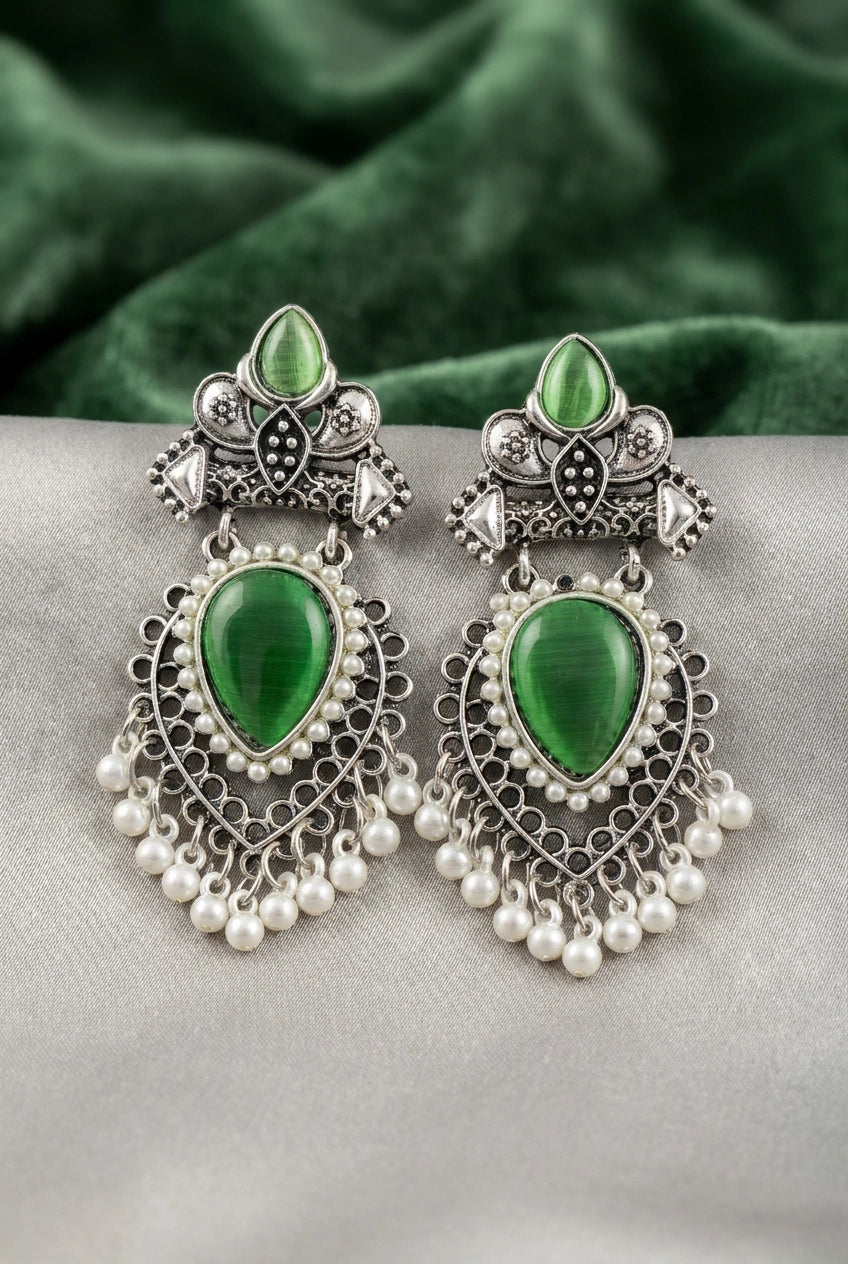 Green Teardrop Stone Oxidized Silver-Tone Pearl Drop Earrings for Festive Wear