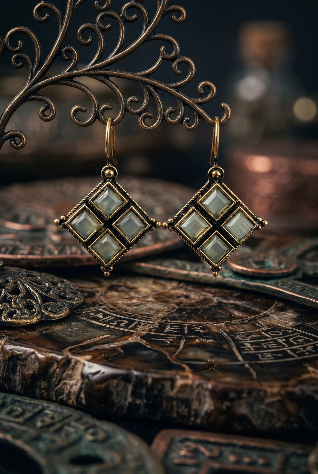 Mint Green Stone Drop Hook Earrings, Gold-Tone Square Motif for Women
