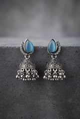 Oxidized Silver-Tone Oval Stone Jhumka Earrings with Floral Cutwork & Ghunghroo Beads