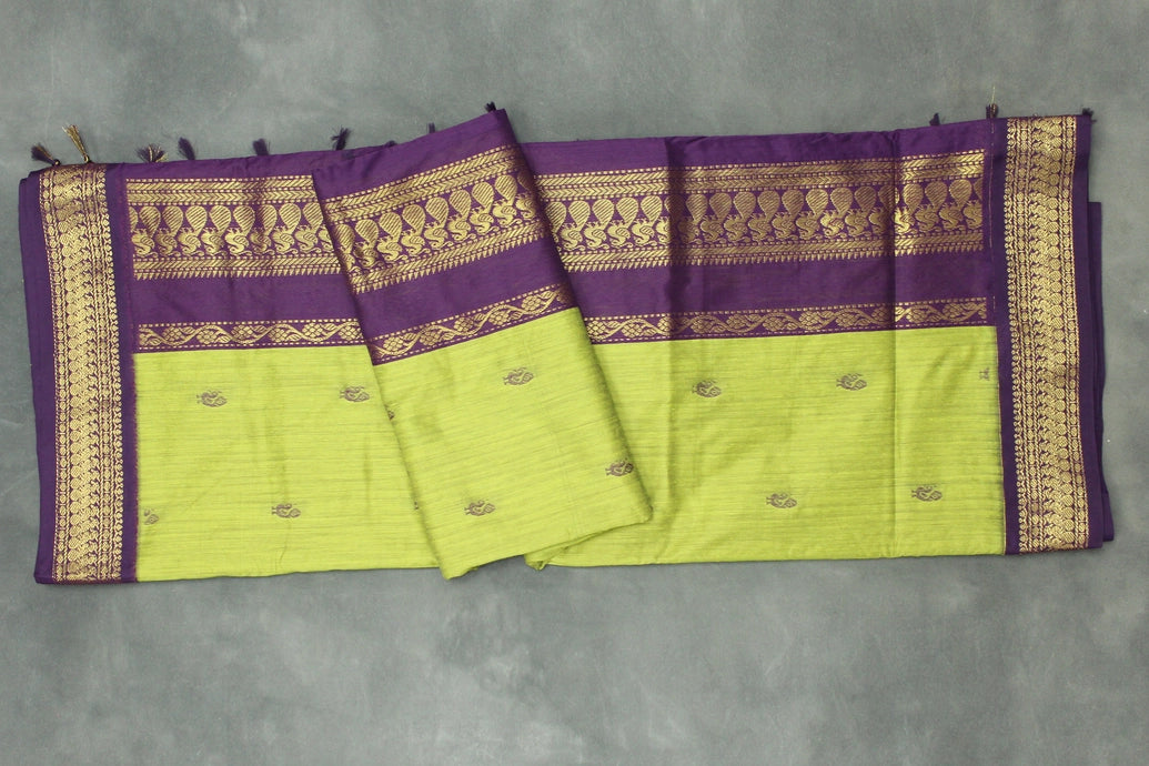 Kalyani Cotton Saree - Green Body with Purple Zari Border and Putta Motifs Saree JCS Fashions