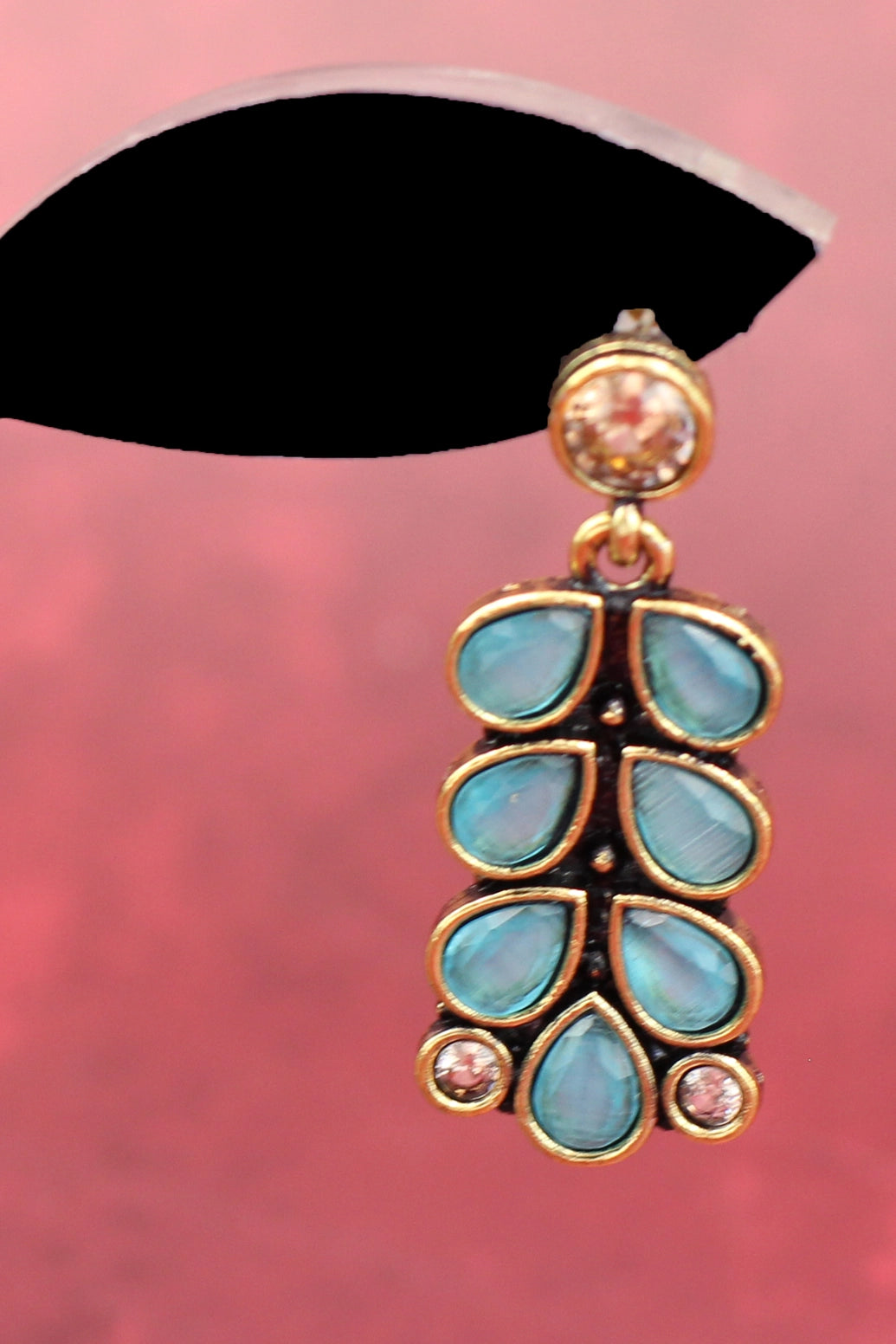 Gold-Tone Antique Leaf Drop Earrings with Sea Blue Teardrop Stones Jewelry JCS Fashions