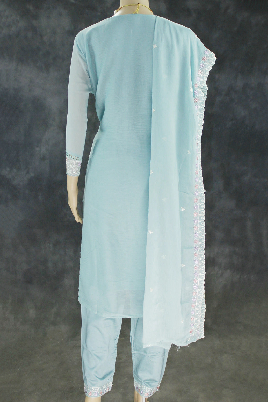 Pastel Blue 3-Piece Salwar Suit Set with Organza Chiffon Kurti, Silk Feel Bottom & Stone Work Dupatta