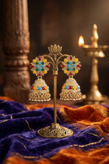 Silver Oxidized Multicolor Jhumka Earrings with Stud Top and Bead Danglers