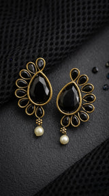Black Teardrop Stone & Pearl Drop Antique Gold-Tone Earrings for Women, 1.5 inch Ethnic Party Wear
