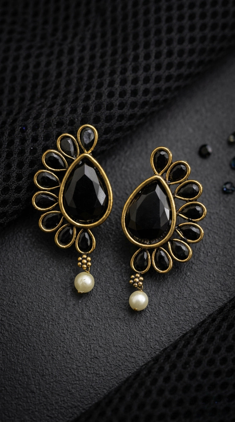 Black Teardrop Stone & Pearl Drop Antique Gold-Tone Earrings for Women, 1.5 inch Ethnic Party Wear