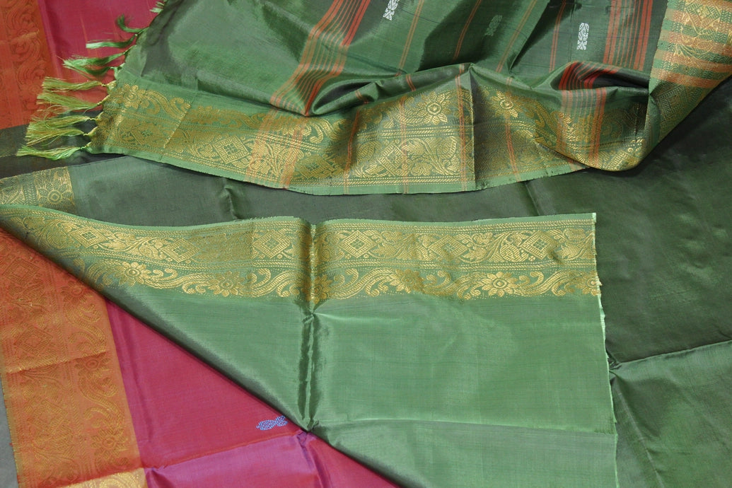 Banana Pith Vaazhai Naar Saree with Zari Border - Dark Pink & Olive Green