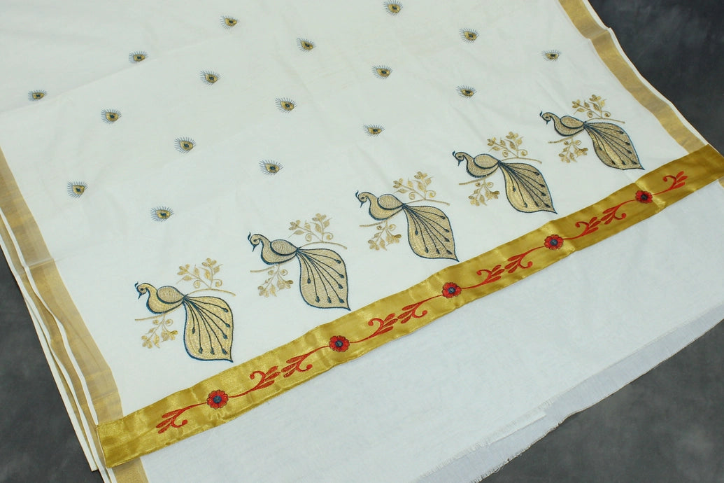 Kerala Cotton White Saree with Gold Zari Peacock Embroidery and Blouse Piece
