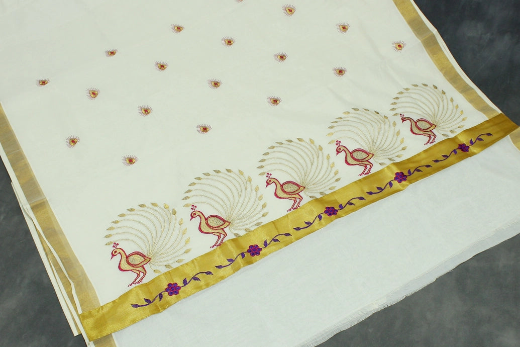 Pure Kerala Cotton White Saree with Gold Zari Peacock Embroidery