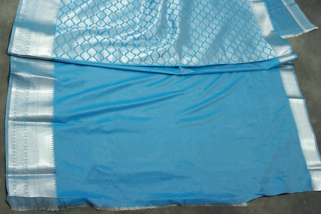 Blue Soft Silk Bridal Vaira Oosi Saree with Silver Zari Border and Blouse