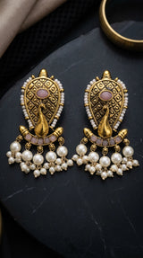 Antique Gold Tone Onion Pink Traditional Statement Earrings with Oval Stone, Bead Work and Pearl Tassel Hangings