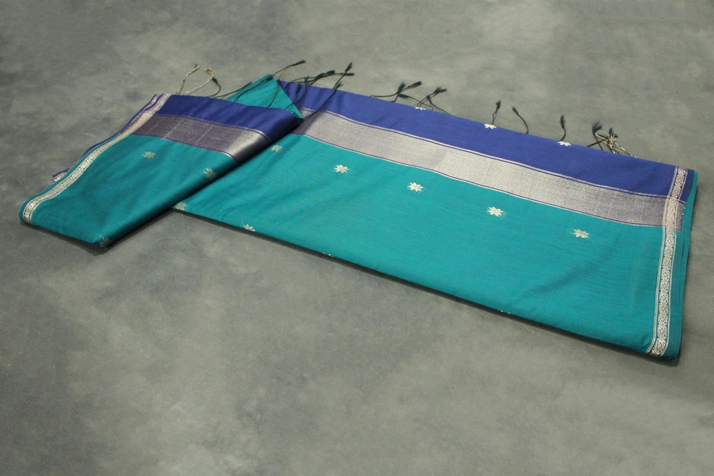Dark Teal Maheswari Silk Cotton Saree with Small Butta and Zari Border
