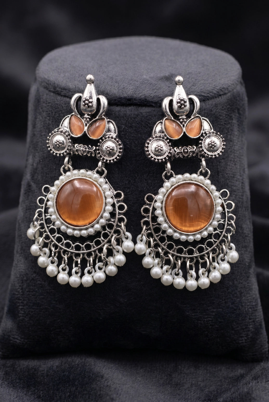 Peach Stone & Pearl Drop Oxidized Silver-Tone Earrings for Women, Teardrop Floral Chandbali Style
