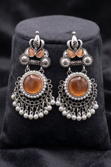 Peach Stone & Pearl Drop Oxidized Silver-Tone Earrings for Women, Teardrop Floral Chandbali Style