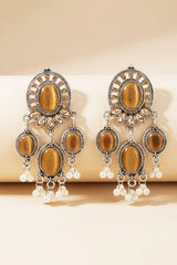 Cream Oval Oxidized Silver-Tone Fashion Earrings with Stone & White Pearl Drops