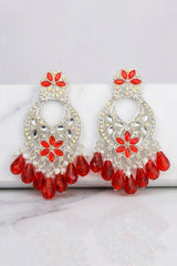 Red Floral Silver-Tone Stone Hoop Earrings with Crescent Center and Bead Danglers for Women