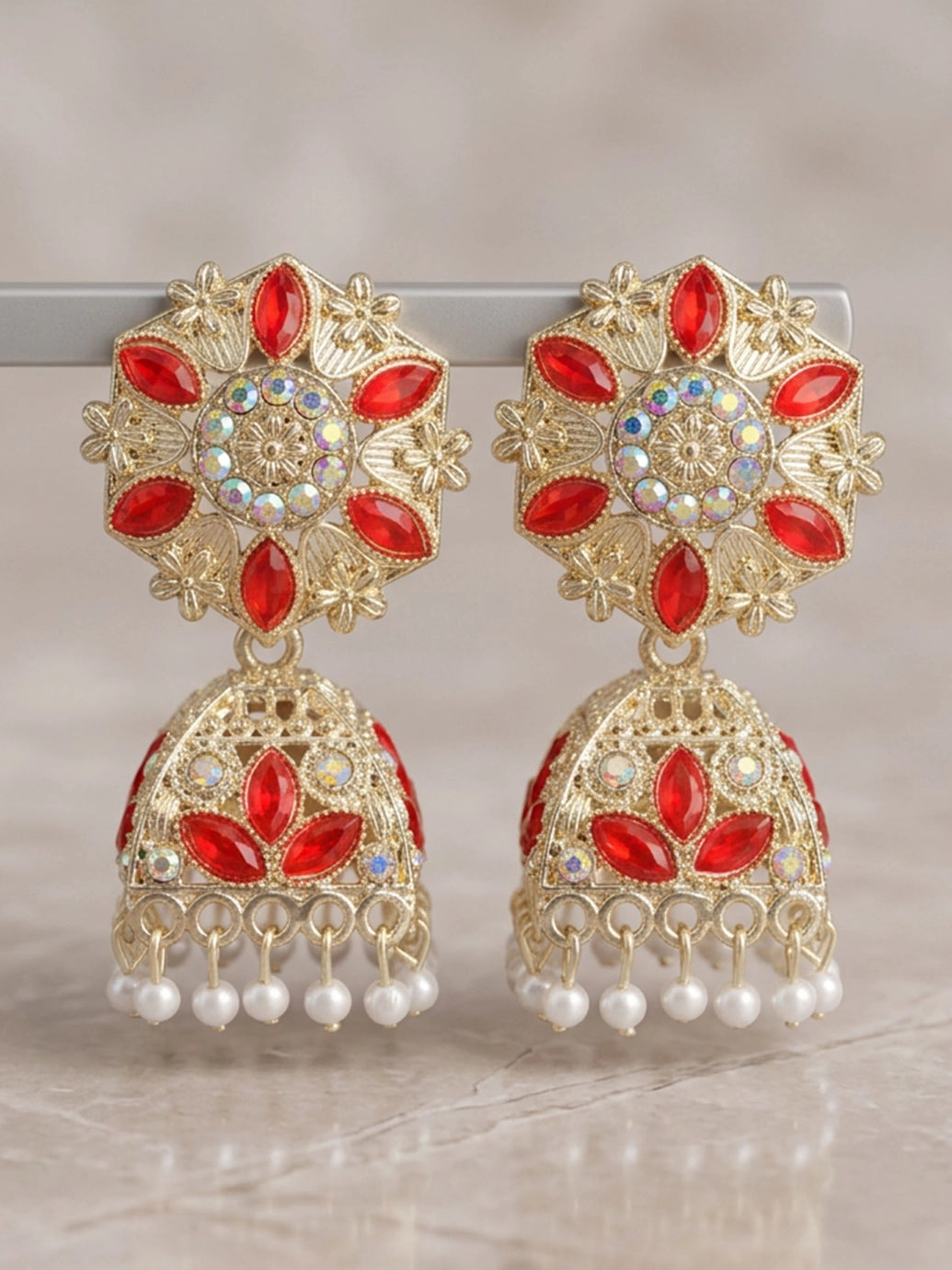 Red Stone Silver Oxidised Jhumka Earrings with Stud Top and Beaded Drop for Festive Wear