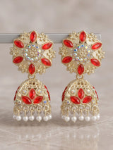 Red Stone Silver Oxidised Jhumka Earrings with Stud Top and Beaded Drop for Festive Wear