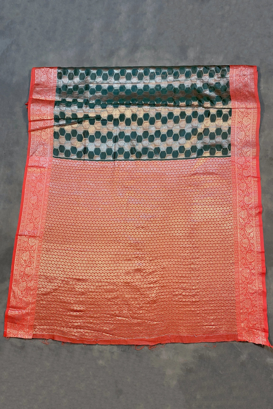Bottle Green Cotton Organza Designer Saree with Floral Pallu Stone Work, Red Border and Blouse