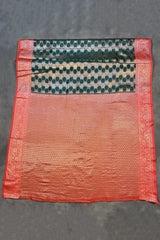 Bottle Green Cotton Organza Designer Saree with Floral Pallu Stone Work, Red Border and Blouse