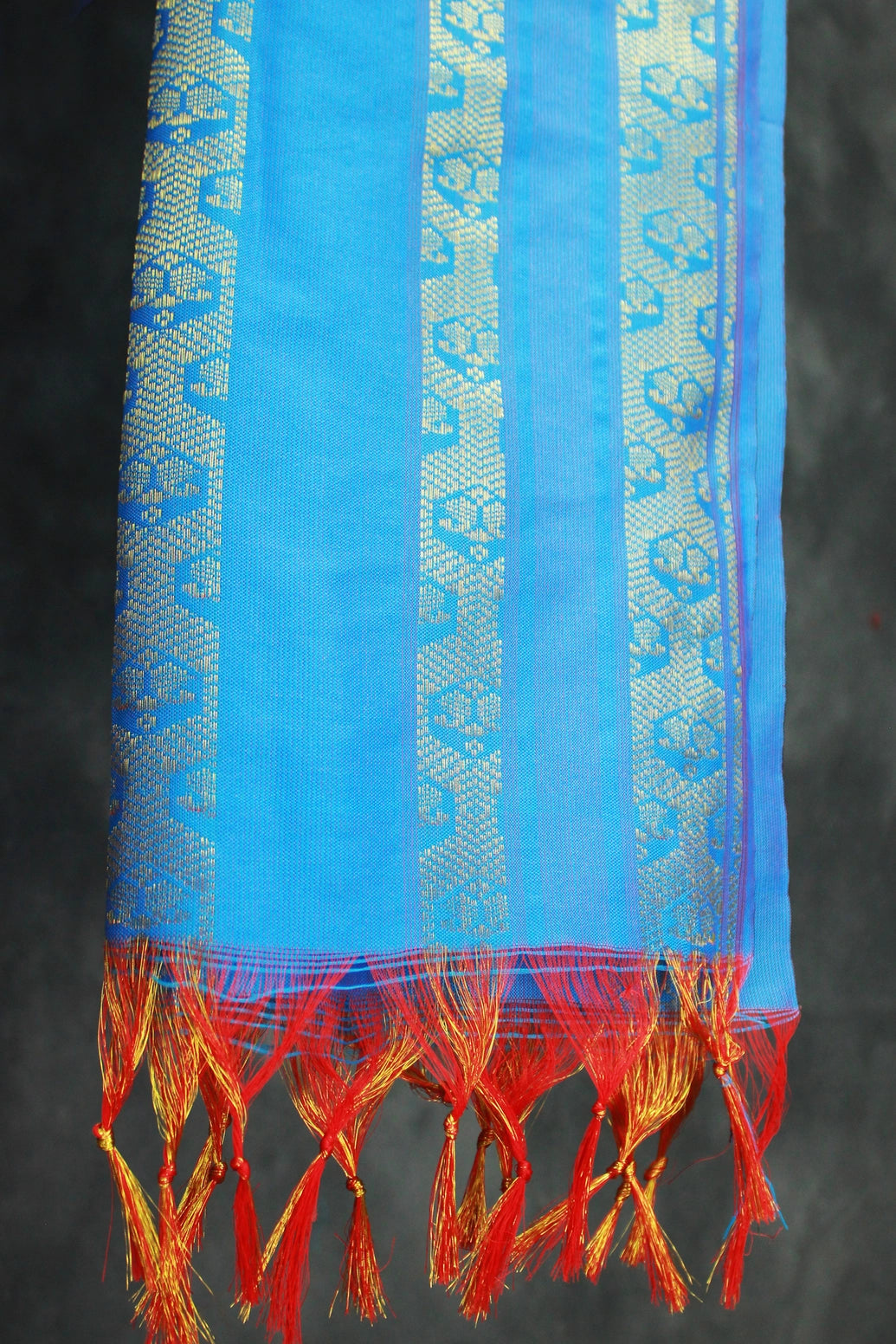 Blue Ponnadai Poly Silk Jacquard Temple Shawl with Zari Pattern & Tassels | Traditional 2m Function Dupatta