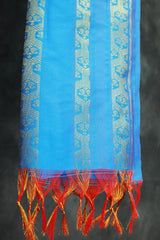 Blue Ponnadai Poly Silk Jacquard Temple Shawl with Zari Pattern & Tassels | Traditional 2m Function Dupatta