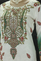 3 piece salwar set. Kurti, Pant with Elastic and shawl. beautiful designer crepe material kurti with stone and mirror work, charming gold c