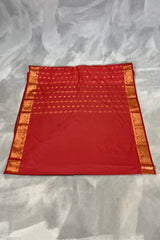 Red Soft Silk Saree with Korvai Border and Delicate Gold Zari Buttas, Traditional Floral Zari Border